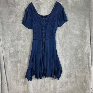Flow Short Dress Womens XL Blue Lace Up‎ Milkmaid Cottagecore Reinassance NWT